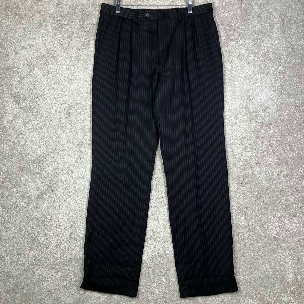 Lauren Ralph Lauren Dress Pants Mens 34x32 Black Pinstripe 100% Wool Pleated